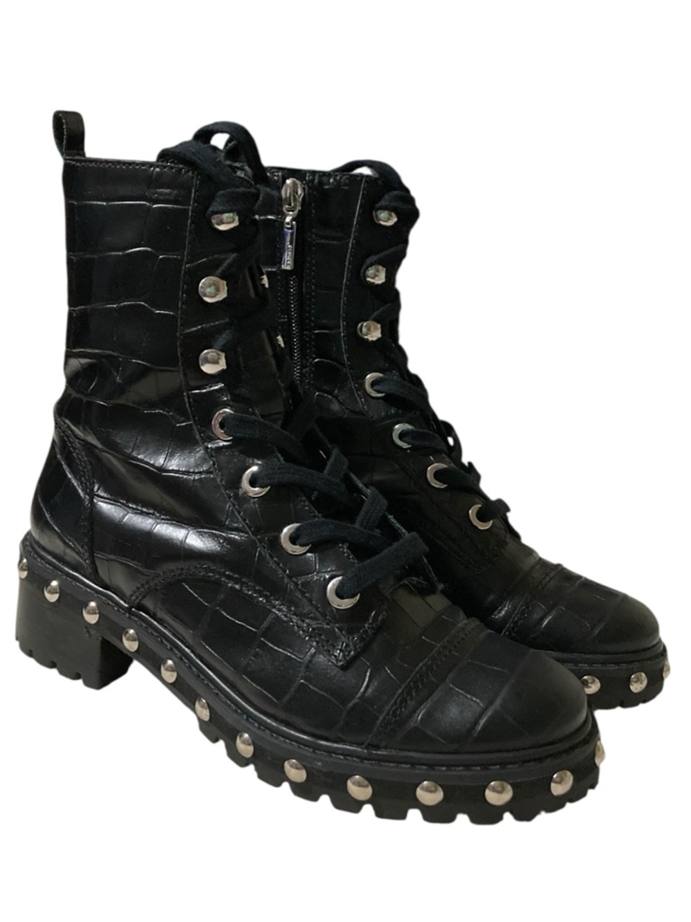 Schutz Andrea Studded Leather Combat Boots in black croc-embossed leather.